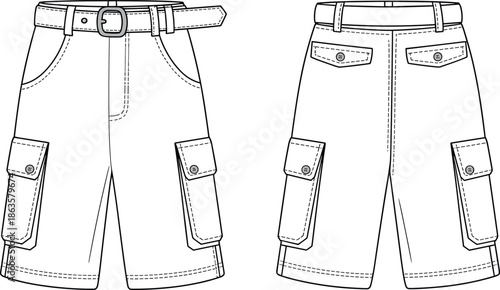 Cargo shorts technical flat sketch, front and back view, fashion design template, vector apparel illustration, detailed garment construction, CAD drawing flat vector illustration
