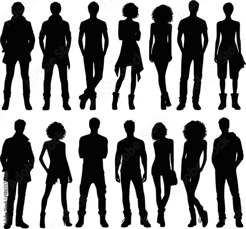 Vector silhouettes man and women, illustration. Silhouettes of young people posing in fashionable clothes. Transparent background EPS version.
