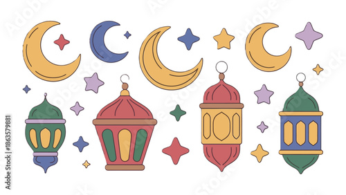 Ramadan Festival Icon: Embrace the spirit of Ramadan with this colorful assortment of crescent moons, twinkling stars, and ornate lanterns.