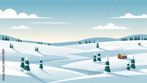 A vector illustration depicting the profound beauty of a serene winter scene with an open space and snow-covered hills under a clear sky, perfect for seasonal designs