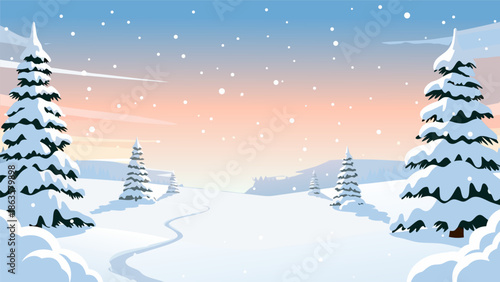 A breathtaking vector illustration capturing the serene winter beauty of an open snow-covered space with distant trees under a pastel sky