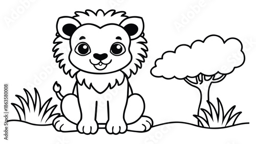 Cute lion cub sitting in savannah coloring page for kids