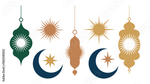 Celestial Lanterns: An array of stylized lanterns, suns, moons, and stars hang gracefully, their elegant forms adding a touch of mystical charm. Each piece.