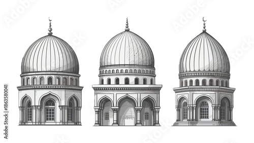 Architectural Symphony: A meticulously crafted illustration presents three grand mosque domes, showcasing the timeless elegance of Islamic architectural elements, evoking a sense of history.