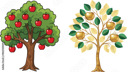 Cartoon apple tree, golden apple tree, stylized foliage, fantasy orchard, red apples, shiny fruits, nature illustration, decorative trees, vibrant design