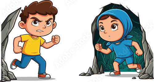 Cartoon children running from cave, boy and girl illustration, adventure escape concept, determined kids action pose, colorful artwork, playful childhood design