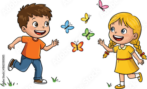 Cartoon children running, outdoor play, butterflies, happy boy and girl, nature, grass, colorful, cheerful, illustration, vector, fun, joyful moment