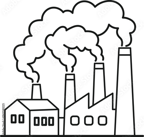 Line art of an industrial factory with multiple smokestacks releasing thick smoke, symbolizing air pollution and environmental impact