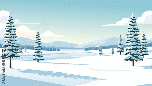 A beautiful vector illustration of a serene open space winter scene, showcasing the pristine beauty of a snow-covered landscape under a bright sky