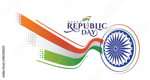 Happy India Republic Day Design with Ashoka Chakra and Digital Pixelated Tricolor Waves