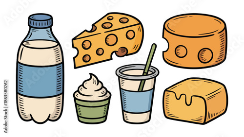 Dairy Delights: A colorful illustration showcasing an assortment of dairy products, each exuding freshness and deliciousness. Explore the wholesome goodness of milk, cheese, yogurt and more.
