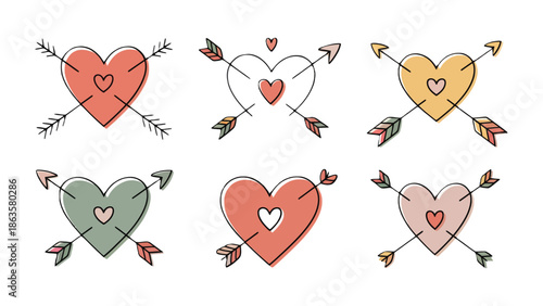 Valentine's Heart Set: A collection of heart-shaped illustrations pierced by arrows, representing love, affection, and the emotions of Valentine's Day. 