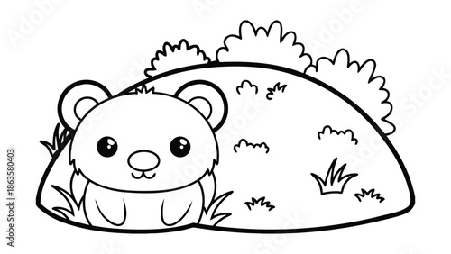 Cute wombat coloring page sitting in front of grassy burrow