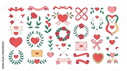 Hearts of Romance: An assortment of heart-themed decorations with roses and ribbons. A collection perfect for capturing the spirit of love.