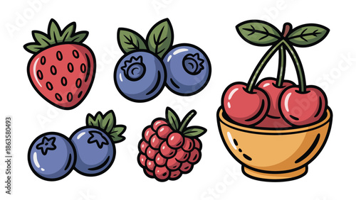 Berry Medley Illustration: A colorful and inviting illustration showcases a collection of fresh, ripe berries, including strawberries, blueberries, raspberries, and cherries.
