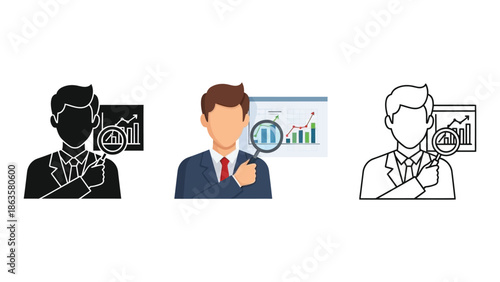 Business analyst reviewing a financial growth chart with magnifying glass in three styles