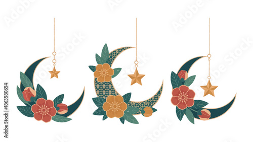 Celestial Bloom: A collection of intricately adorned crescent moons, blossoming with floral beauty and dangling golden stars. capturing the essence of night sky and serenity.
