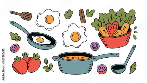 Culinary Delights: A vibrant and appetizing illustration features an array of delicious breakfast and meal components, each a testament to the art of cooking. 