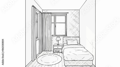 Simple Bedroom Interior Sketch with Bed and Window.