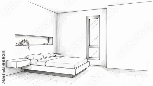 Modern Bedroom Interior Design Sketch with Floating Nightstands.