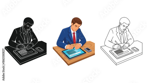 Businessman working at a desk with tablet and calculator in three visual styles