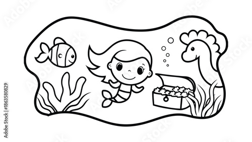 Underwater mermaid and sea animals coloring page with treasure chest