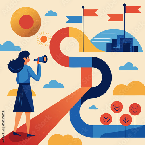 Businesswoman looking through telescope for future career path vision