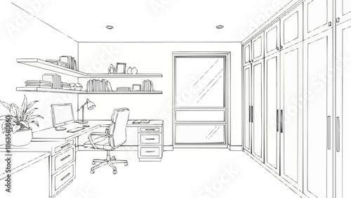 Interior design sketch of a modern home office with desk and cabinets.