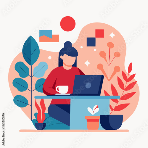 Female freelancer working from home with computer and plants