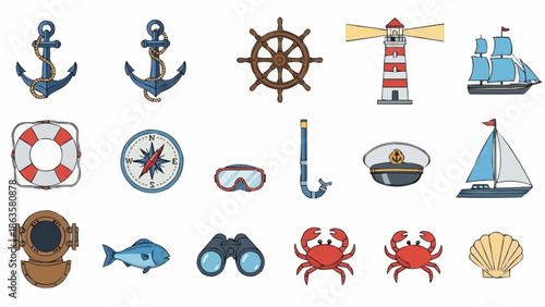 Nautical Icons Collection Featuring Ships Anchors Lighthouse and Marine Life.