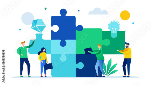 Conceptual illustration of teamwork, innovation, and strategic problem solving in business