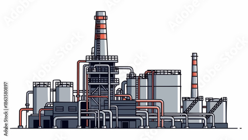 Industrial Oil Refinery Plant with Tall Chimneys and Pipes.