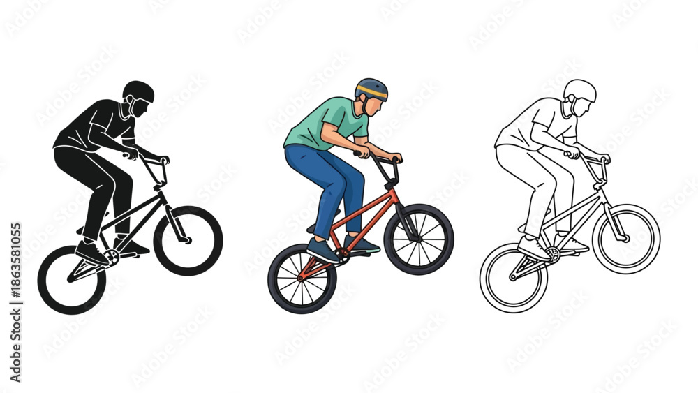 Fototapeta premium BMX freestyle riders performing tricks in silhouette, color illustration, and outline