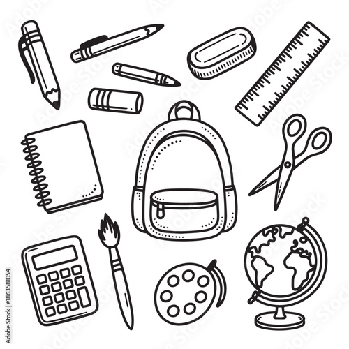A collection of school supplies and educational tools arranged in a circular pattern on a white background including a backpack globe calculator and art supplies