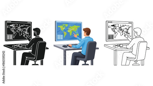 Man working at a computer with world map display in silhouette, color, and outline