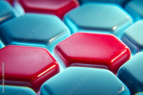 Hexagonal, vibrant, red, blue, glossy, texture, shapes, abstract, pattern, art