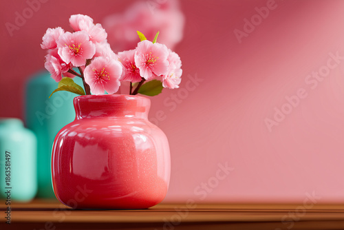 Pink flowers in a vibrant vase on a table