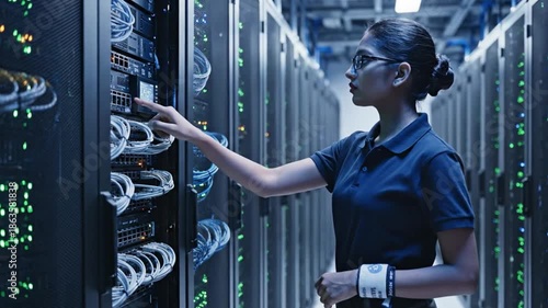 Female IT engineer managing complex server systems in a secure data center environment, ensuring optimal performance and network operations