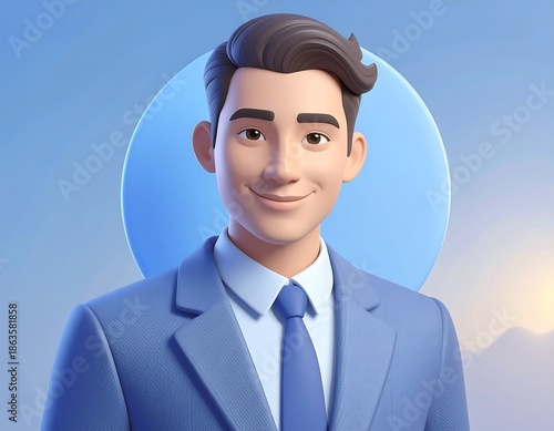 Digital rendering of a smiling man in a blue suit, posing in front of a blue halo with a blurred cloud background