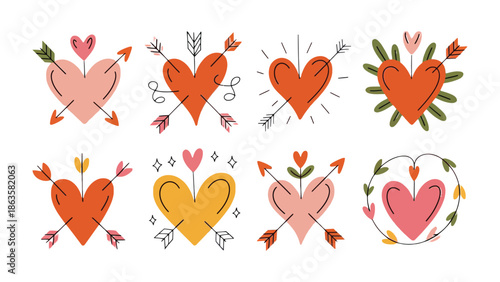 Hearts with Arrows: A collection of heart-shaped illustrations pierced by arrows, representing love, affection, and emotions. Featuring variations with floral and radiant accents.