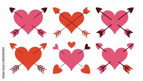 Hearts Entwined: An artistic depiction of six hearts pierced by arrows, representing love, affection, and the symbolic act of Cupid's arrow striking. Expressing romance and the emotions of the heart.
