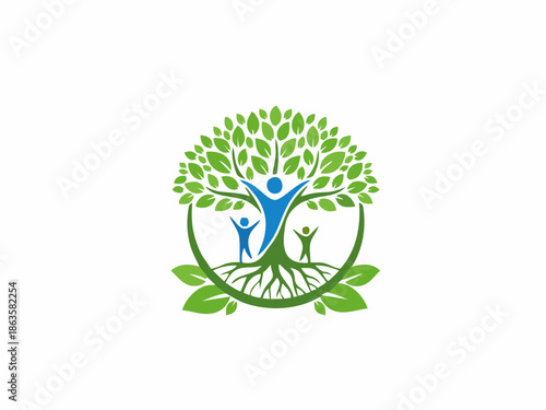 Green nature tree with people silhouettes as branches and roots. Symbol of environmental protection, ecology, and sustainable development.