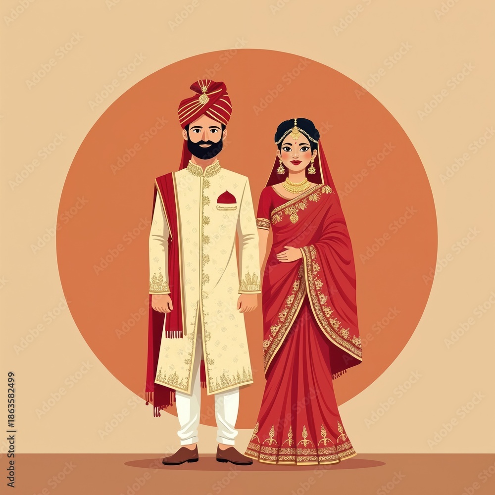 Fototapeta premium Indian bride in red sari and groom in cream sherwani stand together. Couple wears traditional Hindu wedding attire with ornate details. Illustration art for invitations and cultural designs.