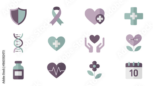 Medical Icons: A collection of various medical and health-related icons, symbolizing concepts such as protection, awareness, well-being, and care.