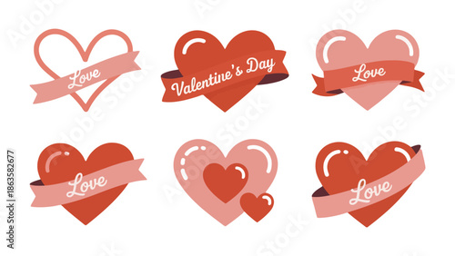 Love emblems: A collection of heart-shaped emblems, adorned with banners conveying messages of love and affection, perfectly capturing the spirit of Valentine's Day.