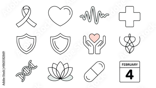 Healthcare Icons: A collection of health and wellness icons, representing various medical and wellness concepts, each drawn with minimalist lines. 