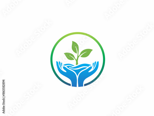 Eco-friendly logo with hands holding a growing plant sprout inside a circle.