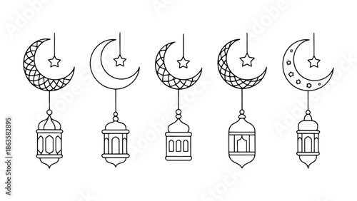 Lanterns of Light: Illustrative of lanterns suspended from crescent moons and stars, evoking a sense of cultural celebration.