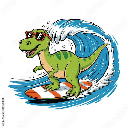 Funny cartoon dinosaur surfing a big wave wearing sunglasses.