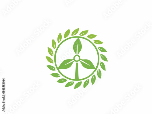 A creative logo design featuring a wind turbine where the blades are replaced with green leaves, enclosed in a circular leaf wreath.